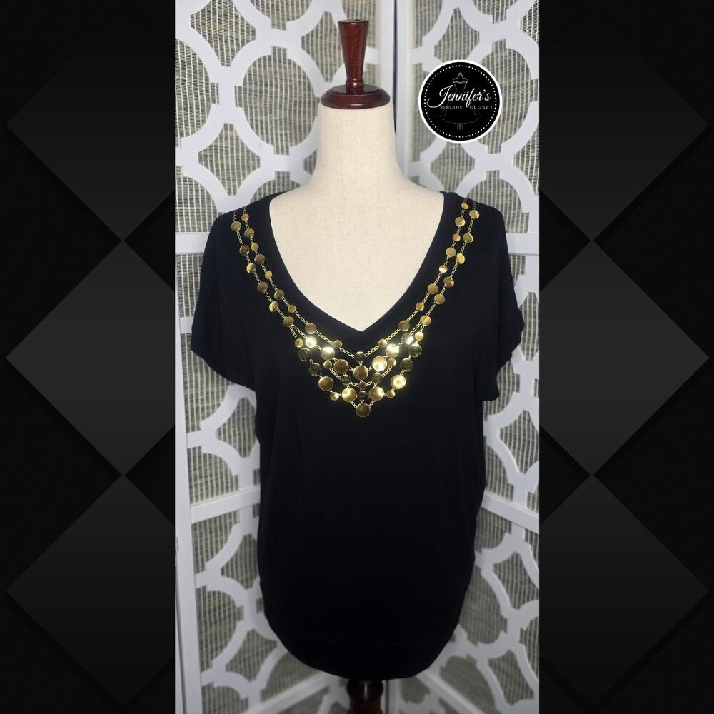 August Silk Black V Neck Embellished Gold Circle Necklace Knit Top Size Medium